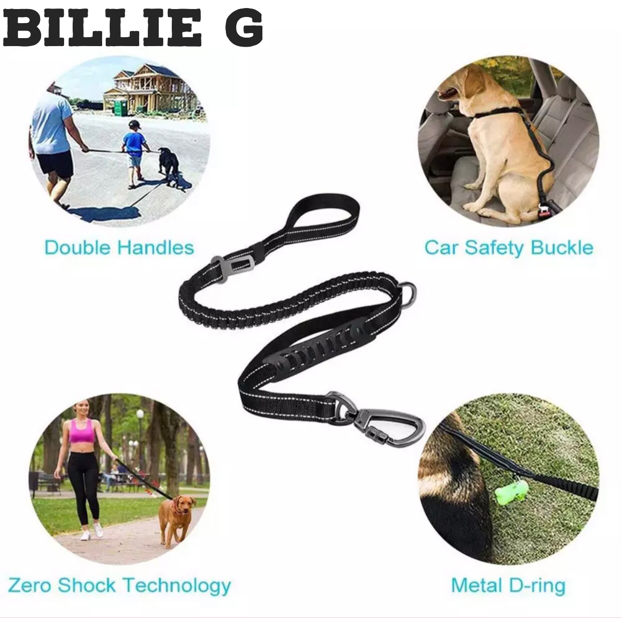 BillieG Heavy duty nylon dog lead with dual handles and car seat belt clip