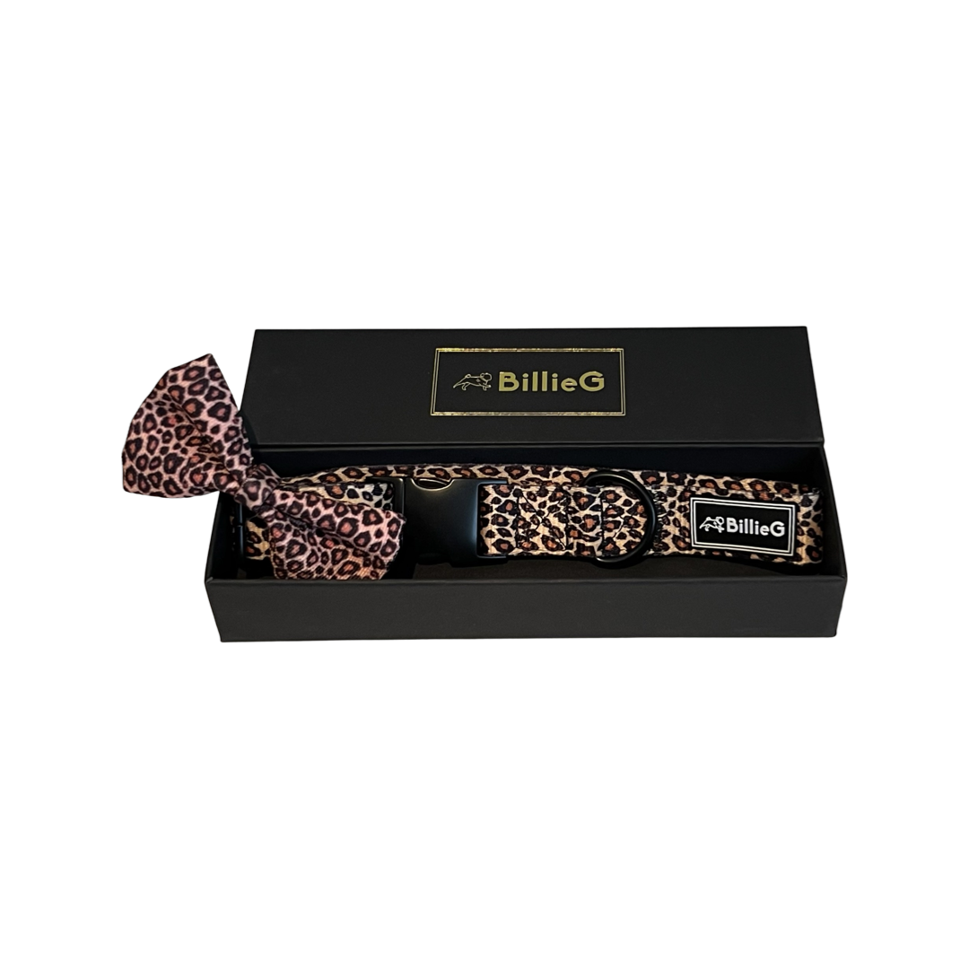 BillieG Leopard Print Adjustable Nylon Collar & Bow tie with Quick Release Black Engravable Metal Buckle
