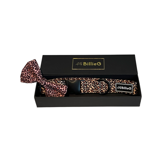 BillieG Leopard Print Adjustable Nylon Collar & Bow tie with Quick Release Black Engravable Metal Buckle