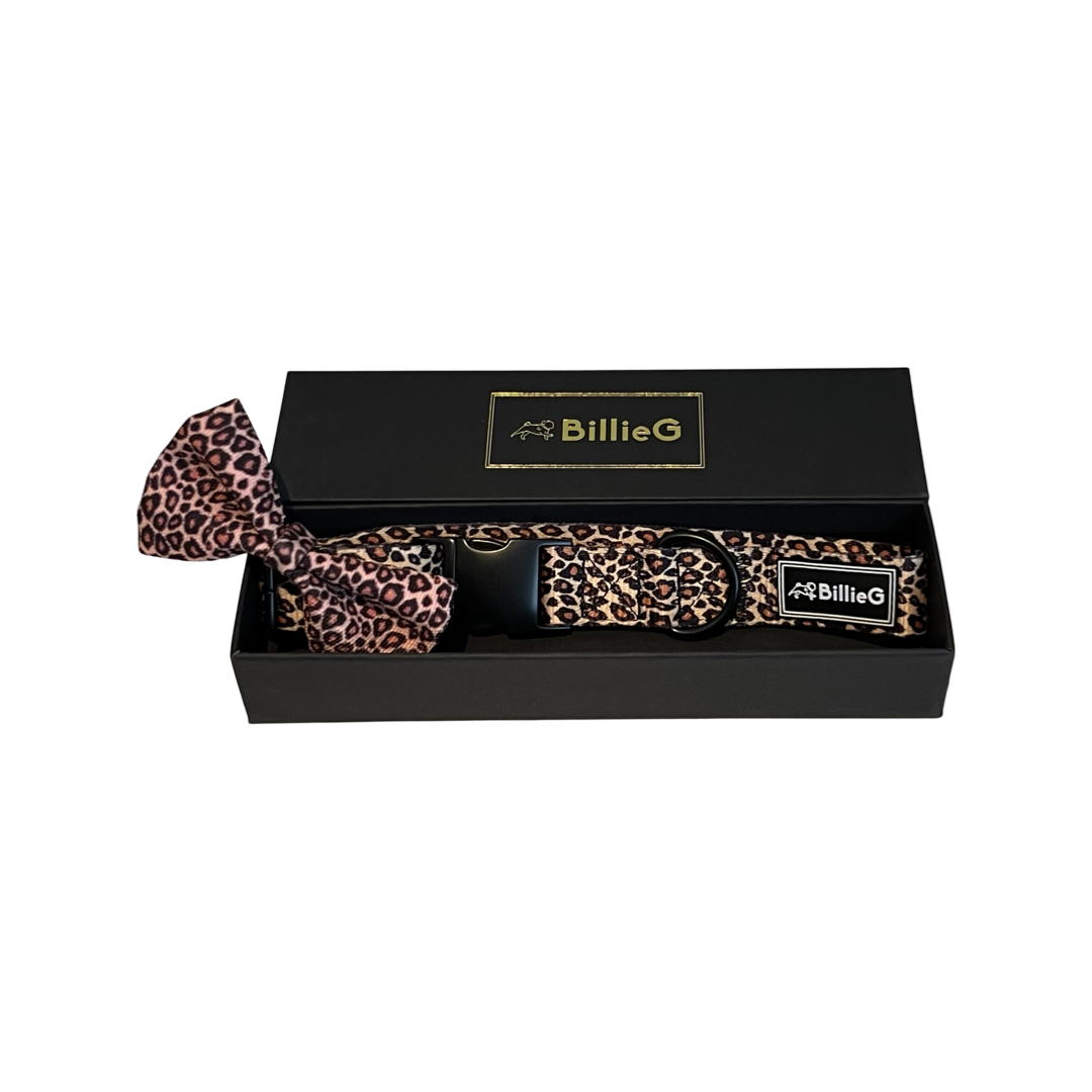 Leopard Print Adjustable Nylon Collar & Bow tie with Quick Release Black Engravable Metal Buckle