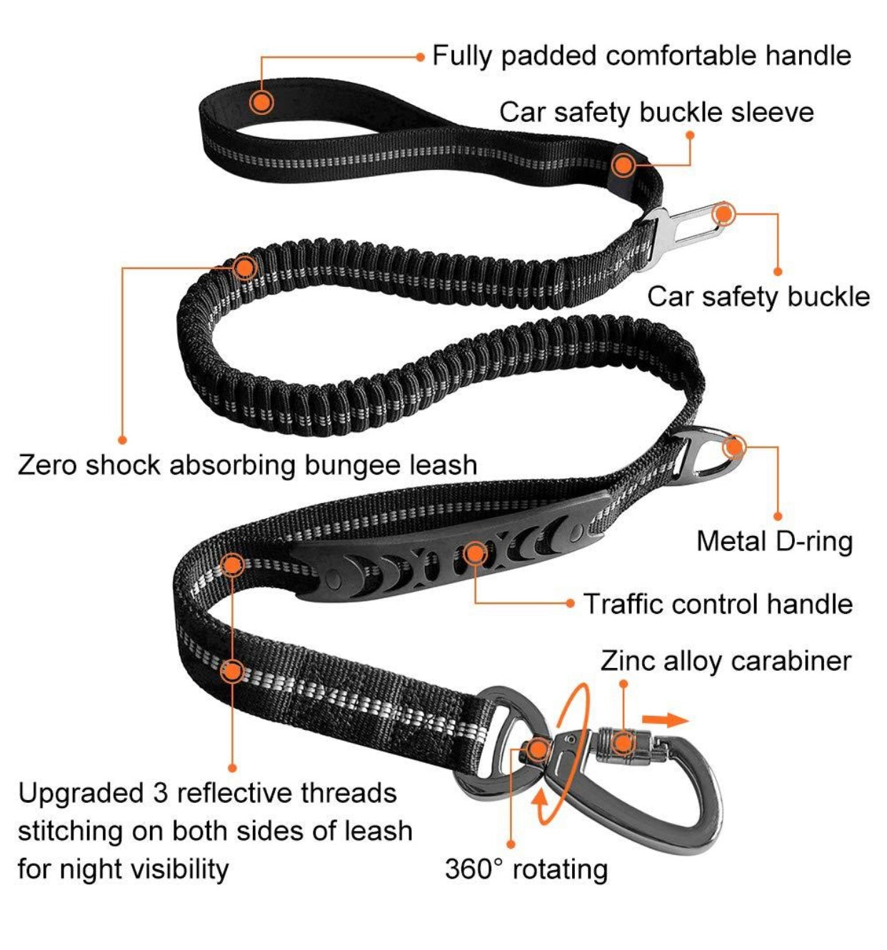 BillieG Heavy duty nylon dog lead with dual handles and car seat belt clip