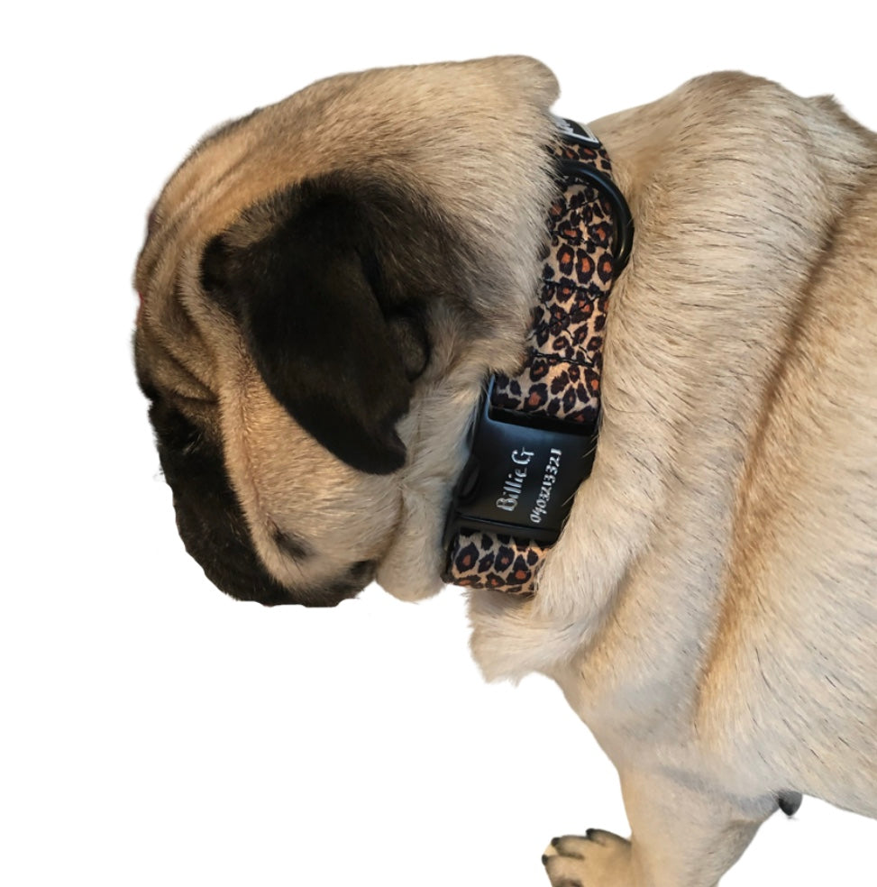 BillieG Leopard Print Adjustable Nylon Collar & Bow tie with Quick Release Black Engravable Metal Buckle